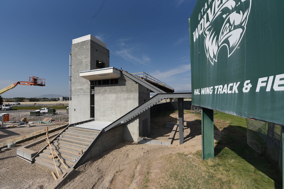 (Francisco Kjolseth  |  The Salt Lake Tribune) UDOT gives a tour of the state’s new longest pedestrian bridge on Thursday, August 20, 2020, connecting Utah Valley University in Orem to student housing and the community on the West side of I-15. Crews are finishing up an extensive hydronic heating system that will pump warm water to keep the bridge clear of snow in the winters, as it gets ready to pour concrete for the walking surface. UDOT will close I-15 in both directions this weekend for work on the nearly 1,000 foot bridge that is 15 feet wide to accommodate pedestrians, cyclists and scooters. Elevators and stairs with small ramps to push up bicycles will be on each side of the bridge.