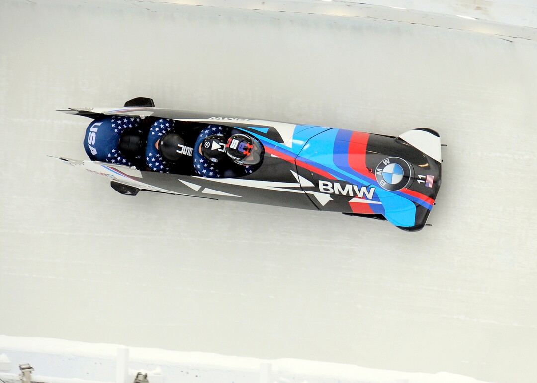 Driver Steven Holcomb with Carlo Valdes, James Reed and brakeman Samuel McGuffie, of the United States, compete in the four-man bobsled finishing second in World Cup race on Saturday, Dec. 17, 2016, in Lake Placid, N.Y. (AP Photo/Hans Pennink)



