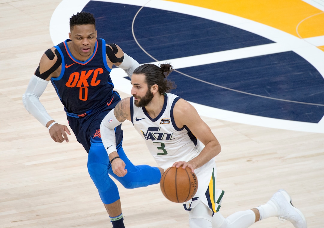 (Rick Egan  |  The Salt Lake Tribune)    Utah Jazz guard Ricky Rubio (3) brings the ball down as Oklahoma City Thunder guard Russell Westbrook (0) defends , in game 4, NBA playoff action between Utah Jazz and Oklahoma City Thunder, in Salt Lake City, Monday April 23, 2018.