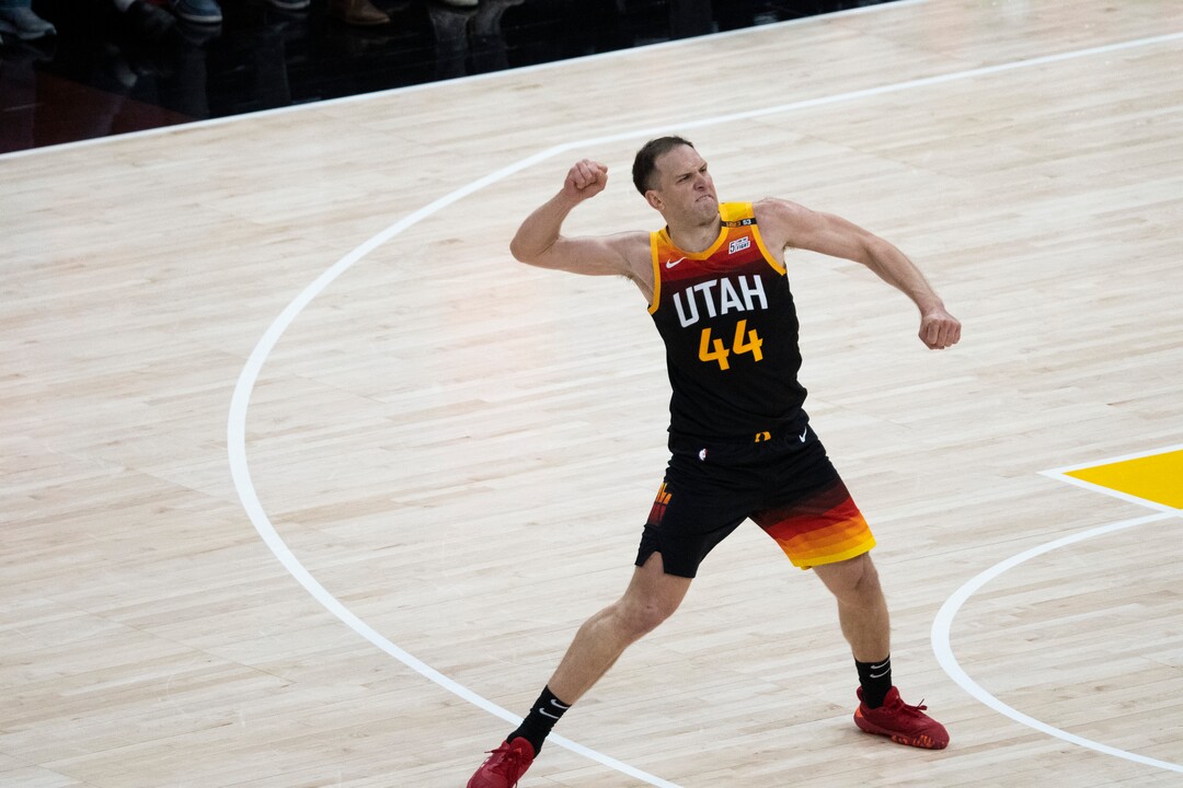 (Rick Egan | The Salt Lake Tribune) Utah Jazz forward Bojan Bogdanovic (44) reacts after sining a 3-pointer to but the Jazz up by 10 points late in the 4th quarter, in NBA action between the Utah Jazz and the LA Clippers, in game one in the second round of the NBA playoff series at Vivint Arena, on Tuesday, June 8, 2021.