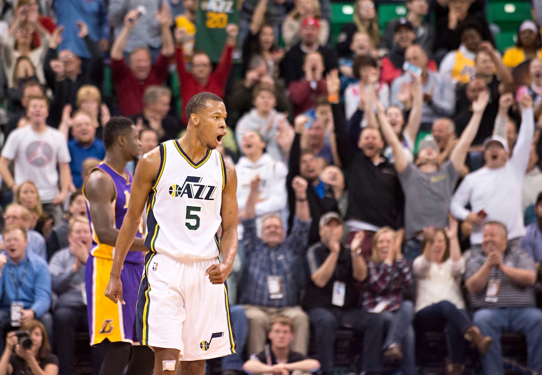 Lennie Mahler  |  The Salt Lake TribuneJazz guard Rodney Hood celebrates a three-point basket during a game against the Los Angeles Lakers at Vivint Smart Home Arena in Salt Lake City, Monday, March 28, 2016.