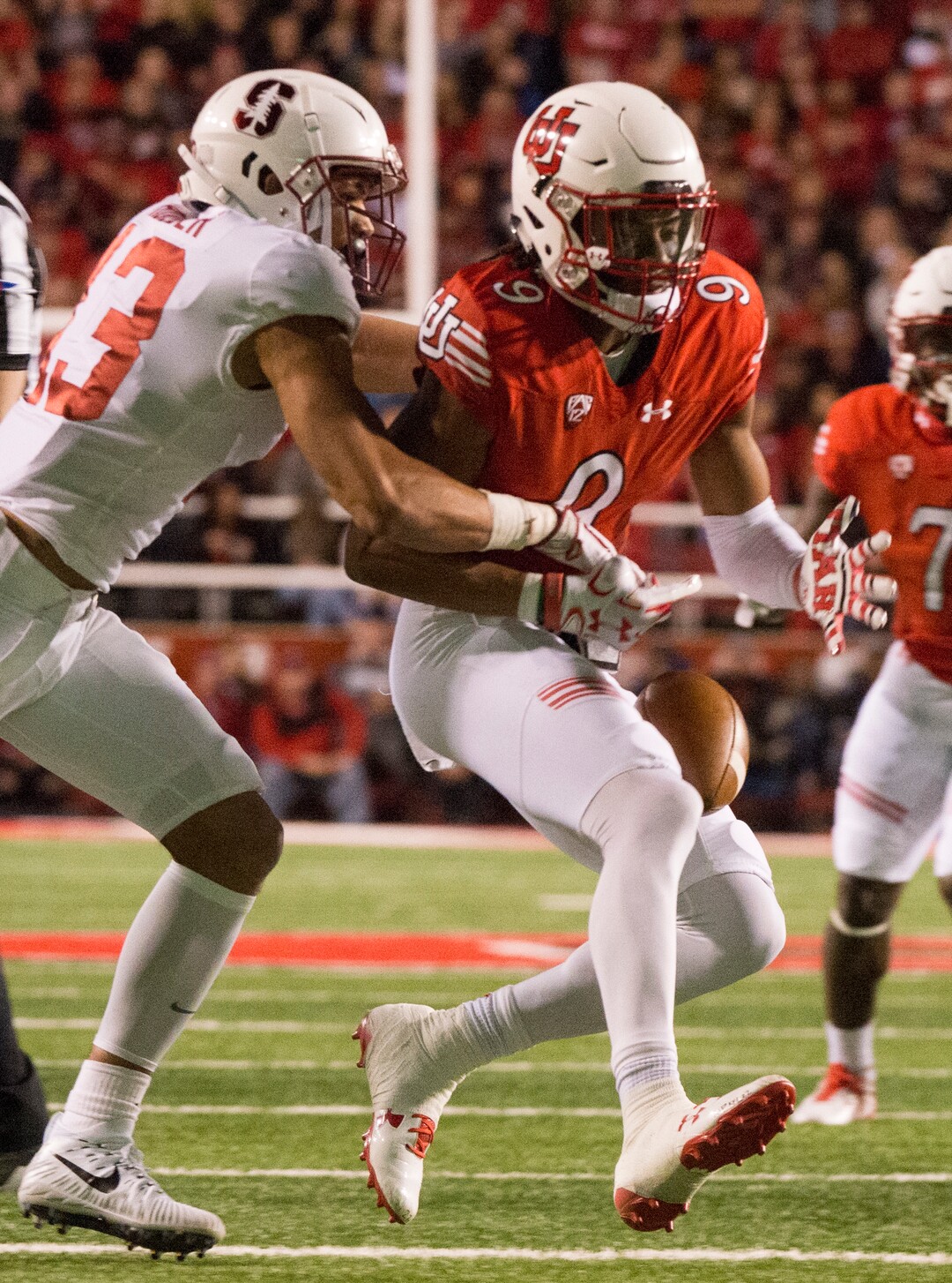 (Rick Egan  |  The Salt Lake Tribune)  Stanford Cardinal cornerback Alijah Holder (13) knocks the ball out of the hands of Utah Utes wide receiver Darren Carrington in PAC-12 football action, at Rice-Eccles Stadium, Saturday, October 7, 2017.