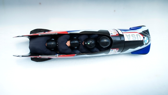 (Rick Egan  |  The Salt Lake Tribune)   The USA team of Codie Bascue, Nathan Weber, Carlo Valdes, and Samuel McGuffie makes their first run down the course, in the BMW IBSF World Cup 4-Man Bobsleigh competition. The team finished in 2nd place, Saturday, November 18, 2017.