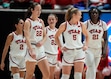 (Francisco Kjolseth | The Salt Lake Tribune) Utah’s starting line up takes to the court with Utah Utes guard Ines Vieira (2), Utah Utes forward Jenna Johnson (22), Utah Utes guard Matyson Wilke (23), Utah Utes guard Gianna Kneepkens (5) and Utah Utes forward Maye Toure (21) as Utah hosts the Kansas Jayhawks in NCAA basketball in Salt Lake City on Wednesday, Jan. 22, 2025.