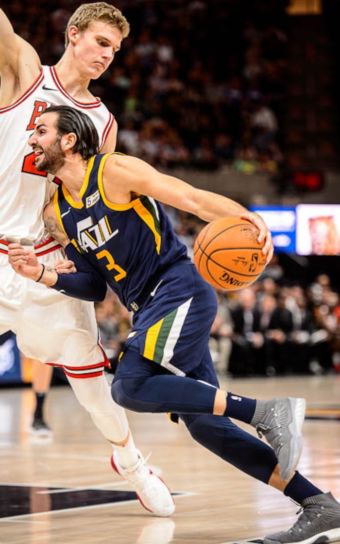 (Trent Nelson | The Salt Lake Tribune)  Utah Jazz guard Ricky Rubio (3) drives on Chicago Bulls forward Lauri Markkanen (24) as the Utah Jazz host the Chicago Bulls, NBA basketball in Salt Lake City Wednesday November 22, 2017.