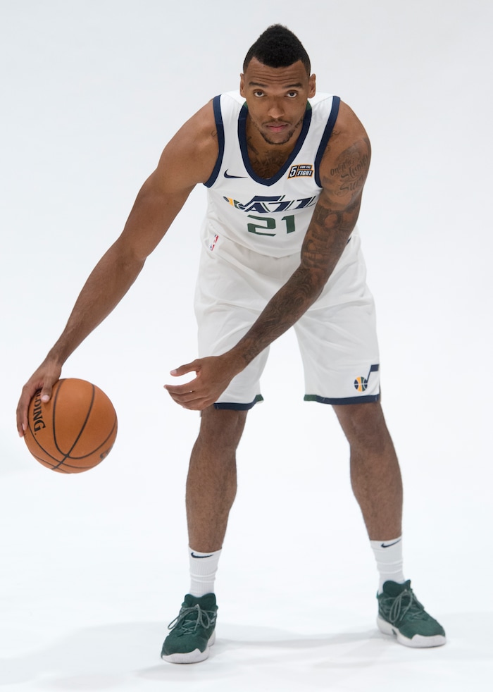 (Rick Egan  |  The Salt Lake Tribune)  Utah Jazz forward -center Joel Bolomboy, during the Utah Jazz media day, at the Zions Bank Basketball Center, Monday, September 25, 2017.


