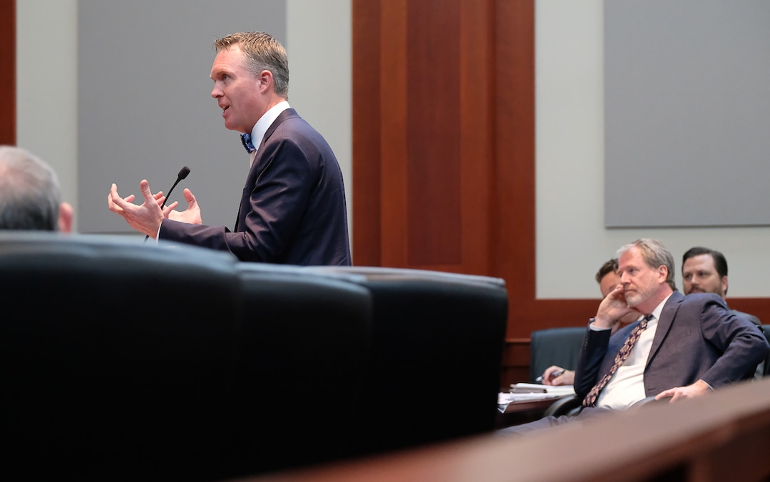 (Francisco Kjolseth  |  The Salt Lake Tribune)  Attorney Steven Sandberg, representing BYU goes before the Utah Supreme Court to appeal a ruling after a 3rd District judge ruled that the private universityÕs police force is a governmental entity that has to follow the same rules for transparency as other police departments across the state on Friday, Oct. 4, 2019. The Salt Lake Tribune's lawsuit involved whether BYU police should be subject to Utah's open records laws. At right is attorney Michael O'Brien representing the Tribune.