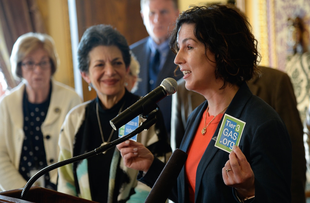 (Francisco Kjolseth  |  The Salt Lake Tribune) Rep. Suzanne Harrison, D-Draper, brings attention to the tier3gas.org site that provides a list of places providing the cleaner fuel for cars, as the Utah Legislature’s bipartisan Clean Air Caucus holds a news conference at the Capitol on Tuesday, Feb. 11, 2020, to discuss air quality legislation and appropriations requests being considered during the 2020 Legislature.