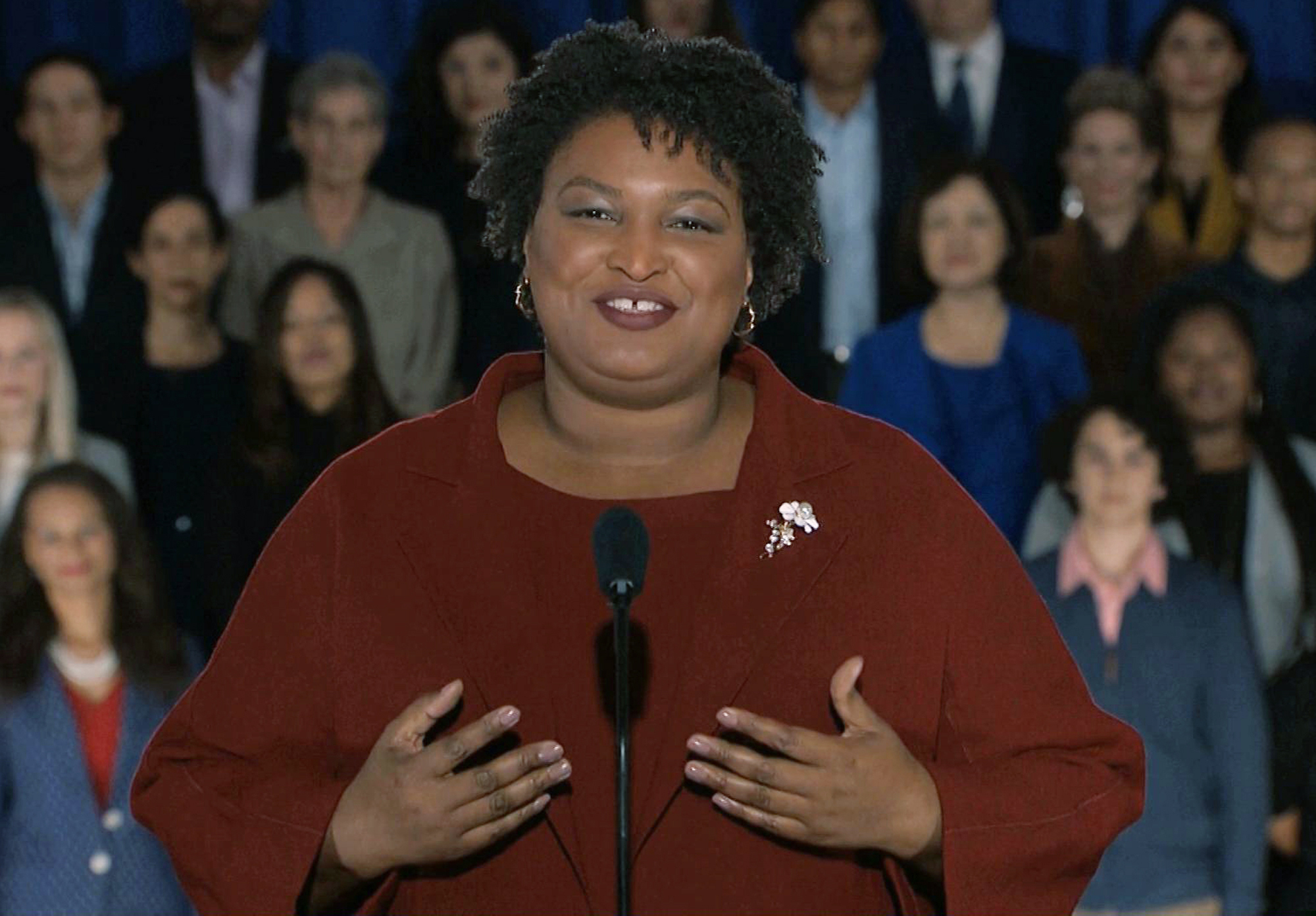 (Pool video image | The Associated Press) In this pool image from video, Stacey Abrams delivers the Democratic party's response to President Donald Trump's State of the Union address, Tuesday, Feb. 5, 2019 from Atlanta. Abrams narrowly lost her bid in November to become America's first black female governor, and party leaders are aggressively recruiting her to run for U.S. Senate from Georgia. Speaking from Atlanta, Abrams calls the shutdown a political stunt that "defied every tenet of fairness and abandoned not just our people, but our values."