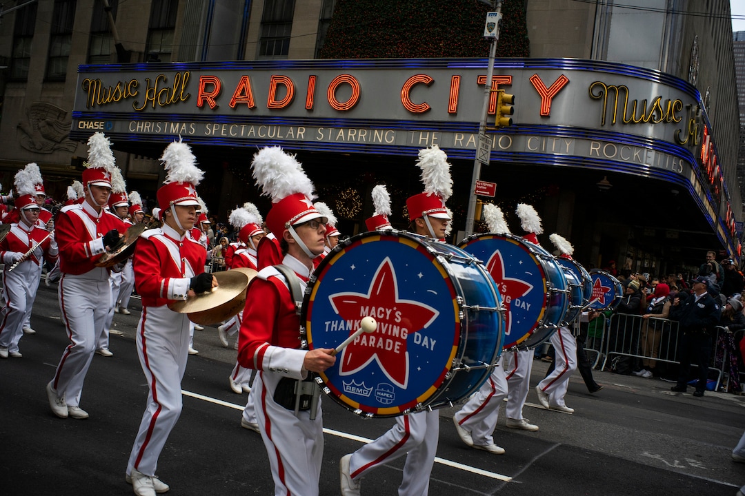 (Eduardo Munoz Alvarez | AP) Participants in the Macy's Thanksgiving Day Parade make their way down Sixth Avenue in front of Radio City Music Hall, Thursday, Nov. 28, 2019, in New York.