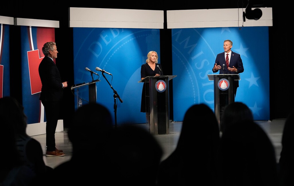 (Francisco Kjolseth | The Salt Lake Tribune) Candidates Karianne Lisonbee and Blake Moore participate in the 2nd Congressional District GOP primary debate in Salt Lake City on Monday, June 1, 2026, moderated by Glen Mills. 