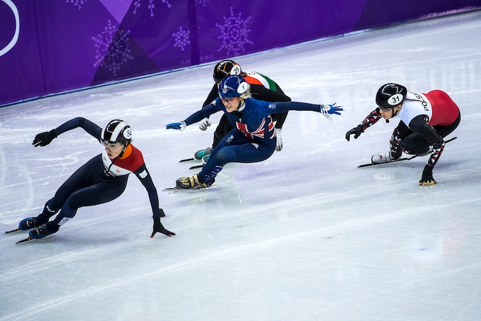 (Chris Detrick  |  The Salt Lake Tribune)  Lara Van Ruijven of the Netherlands Elise Christie of Great Britain Andrea Keszler of Hungary and Magdalena Warakomska of Poland race during the Ladies' 1000m Short Track Speed Skating at Gangneung Ice Arena Pyeongchang 2018 Winter Olympics Tuesday, Feb. 20, 2018. 