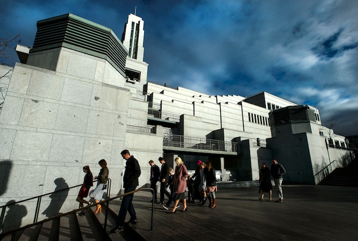 (Steve Griffin  |  The Salt Lake Tribune) Mourners leave the Conference Center after paying their last respects to LDS Church President Thomas S. Monson during a public viewing in Salt Lake City Thursday January 11, 2018.