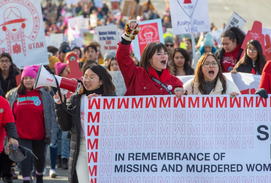 (Rick Egan  |  The Salt Lake Tribune)     Yen Hoang, Camryn Fife and Birdy Francis  chant as they lead the marchers up State Street from Washington Square Park to the Capitol Building, in the 2020 Womxn's March in Salt Lake City, Saturday, Jan. 18, 2020.