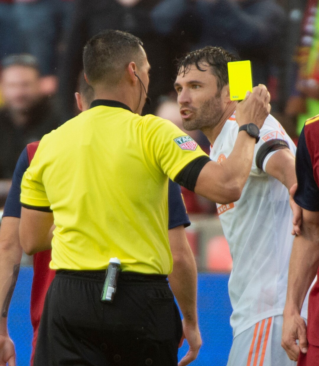 (Rick Egan  |  The Salt Lake Tribune).  Atlanta United defender Michael Parkhurst (3) reacts after receiving a yellow card in MLS soccer action between Real Salt Lake and Atlanta United at Rio Tinto Stadium in Sandy, Friday, May 24, 2019.