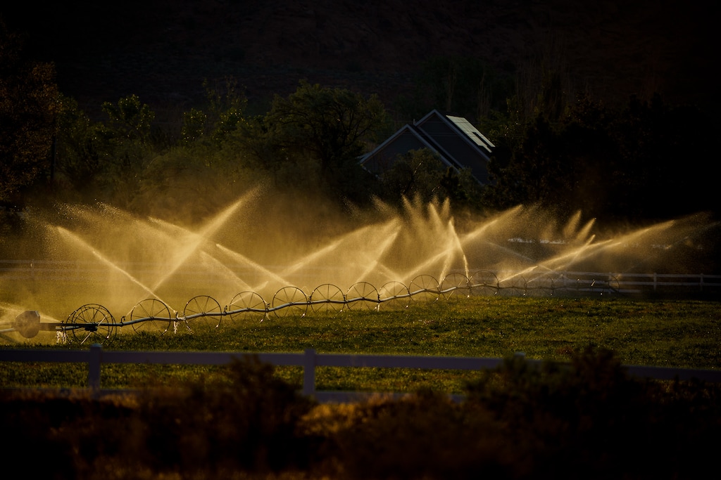 (Trent Nelson | The Salt Lake Tribune) Irrigation in Moab on Thursday, July 15, 2021.