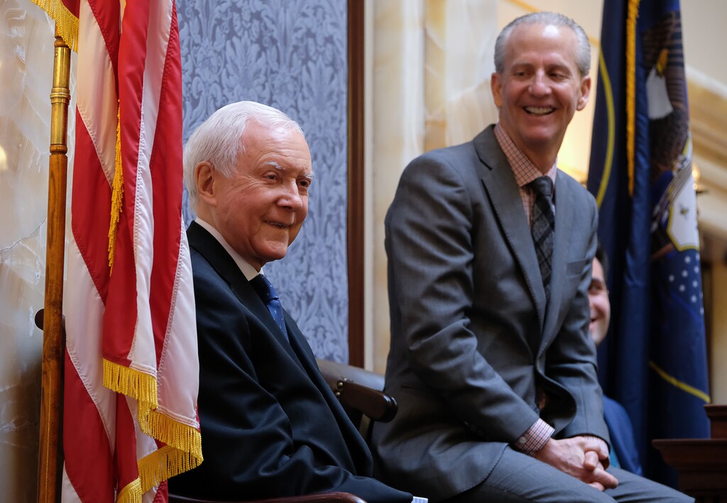 (Francisco Kjolseth  |  The Salt Lake Tribune)  Members of the Utah Senate praise U.S. Sen. Orrin Hatch, relaying their own personal stories with him from his 42 years in office, as Wednesday, Feb. 21, 2018, is declared "Orrin G. Hatch Day." Hatch is the longest-serving Republican senator in U.S. history. At right is Senate President Wayne Niederhauser. 