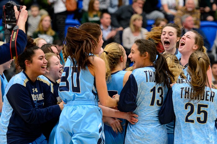(Trent Nelson | The Salt Lake Tribune)  Westlake players celebrate the win as Hillcrest faces Westlake in the 6A High School Girls' Basketball Tournament at SLCC in Taylorsville, Thursday Feb. 22, 2018.