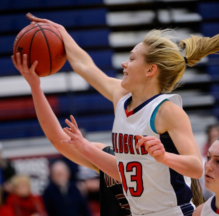 (Trent Nelson  |  The Salt Lake Tribune)  Woods Cross's Sara Noel blocks a shot as Woods Cross hosts Viewpoint High School girls basketball, Wednesday, January 24, 2018.