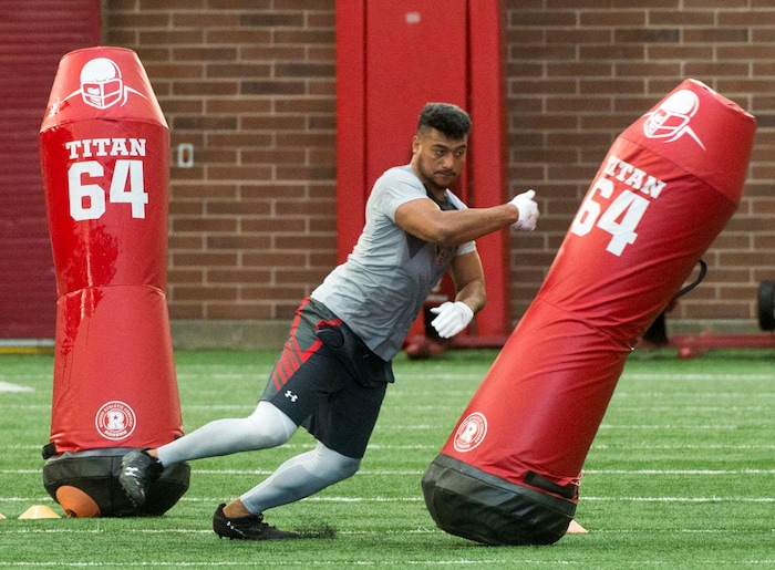 (Rick Egan  |  The Salt Lake Tribune)       Kavika Luafatasaga, runs the agility drills, during University of Utah's 2018 Pro Day for NFL scouts, at Spence Eccles Field House, Wednesday, March 28, 2018.