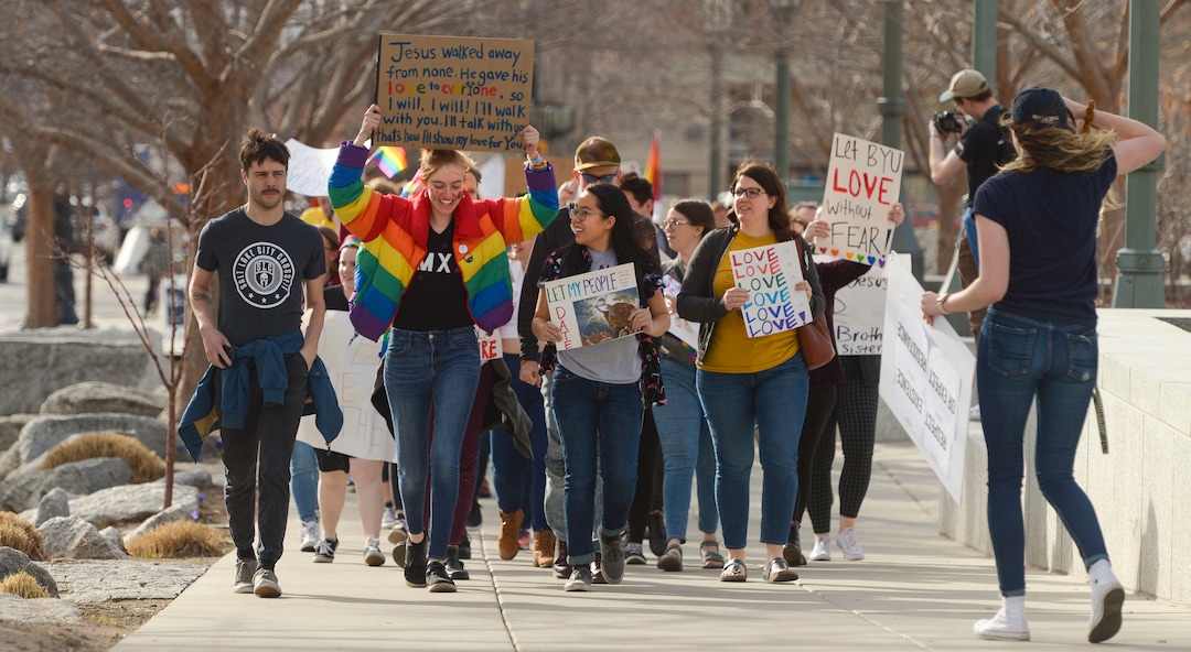 (Leah Hogsten  |  The Salt Lake Tribune)  Brigham Young University LGBTQ students took their concerns about the schoolÕs policy reversal regarding romantic behavior by same-sex couples to The Church of Jesus Christ of Latter-day Saints office building, Mar. 6, 2020. Despite removing the section on Òhomosexual behaviorÓ from BYU Honor Code last month, The LDS Church has clarified for the first time that same-sex romantic behavior is still Ònot compatibleÓ with the rules at BYU.