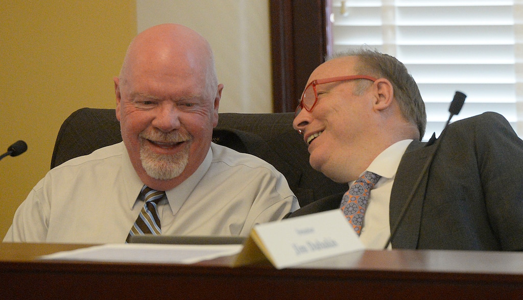 Al Hartmann  |  The Salt Lake TribuneSenator Howard Stephenson, left, R-Draper and Senator Jim Dabakis, D-Salt Lake at the Utah Legislture's Tax and Revenue Committee Wednesda September 21. 