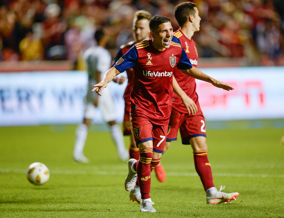 (Francisco Kjolseth  |  The Salt Lake Tribune)  Real Salt Lake forward Jefferson Savarino (7) celebrates his goal against the L.A. Galaxy during the second half of the MLS soccer match Saturday, Sept. 1, 2018, in Sandy at Rio Tinto Stadium.