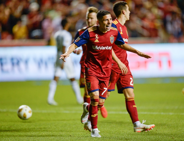(Francisco Kjolseth  |  The Salt Lake Tribune)  Real Salt Lake forward Jefferson Savarino (7) celebrates his goal against the L.A. Galaxy during the second half of the MLS soccer match Saturday, Sept. 1, 2018, in Sandy at Rio Tinto Stadium.