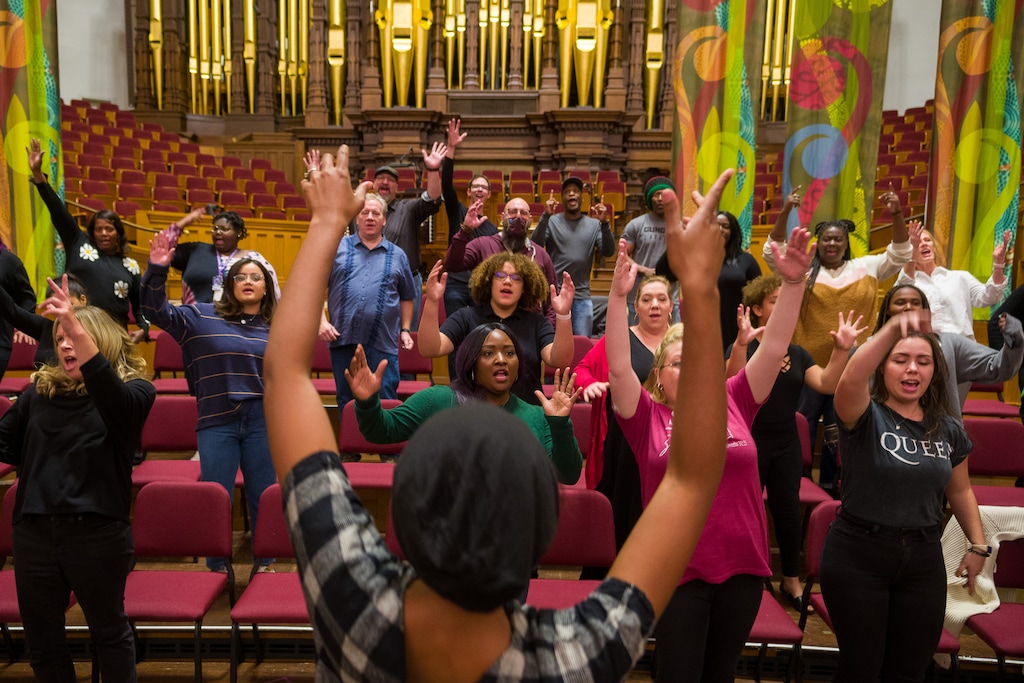 (Trent Nelson  |  The Salt Lake Tribune) The Debra Bonner Unity Gospel Choir rehearses in the Tabernacle for a celebration of the 50th aniversary of the Genesis Group, in Salt Lake City on Tuesday, Oct. 19, 2021.
