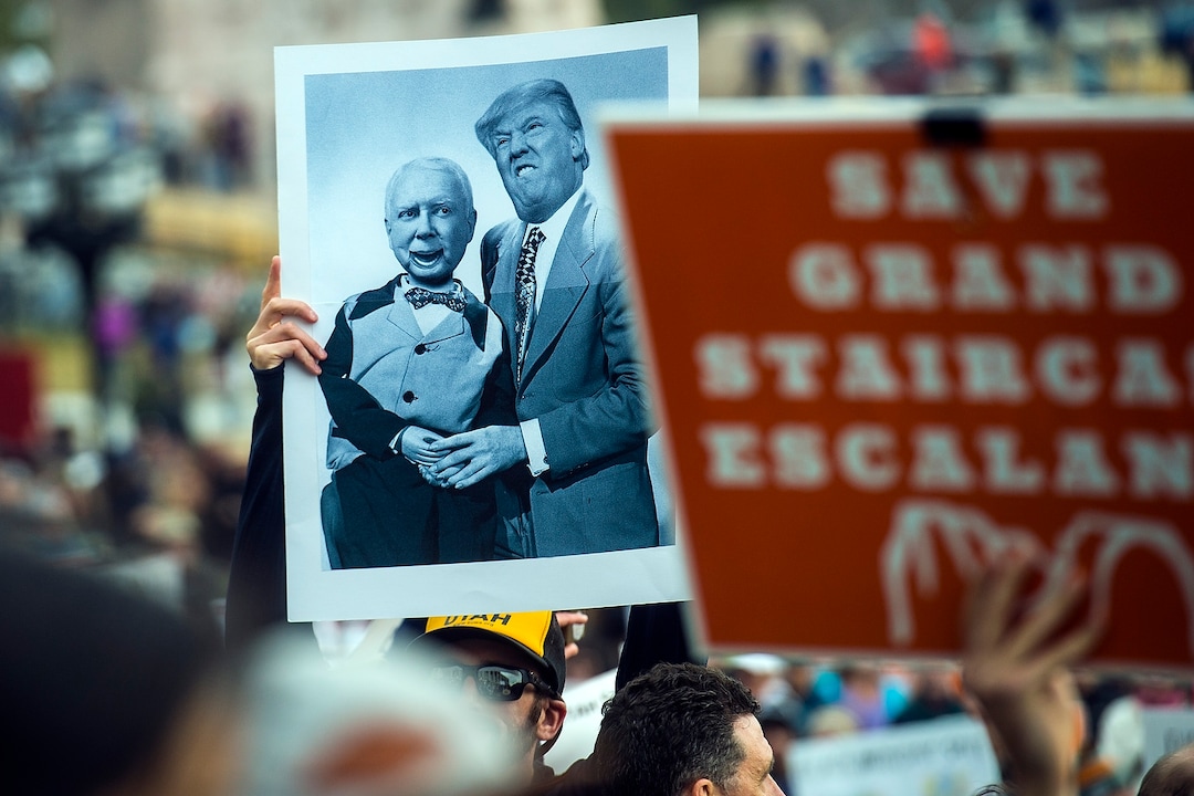 (Chris Detrick  |  The Salt Lake Tribune) Supporters of the Bears Ears and Grand Staircase-Escalante National Monuments rally at the Utah State Capitol Saturday, December 2, 2017.  Utah Highway Patrol estimated 5,000 people attended the rally. 