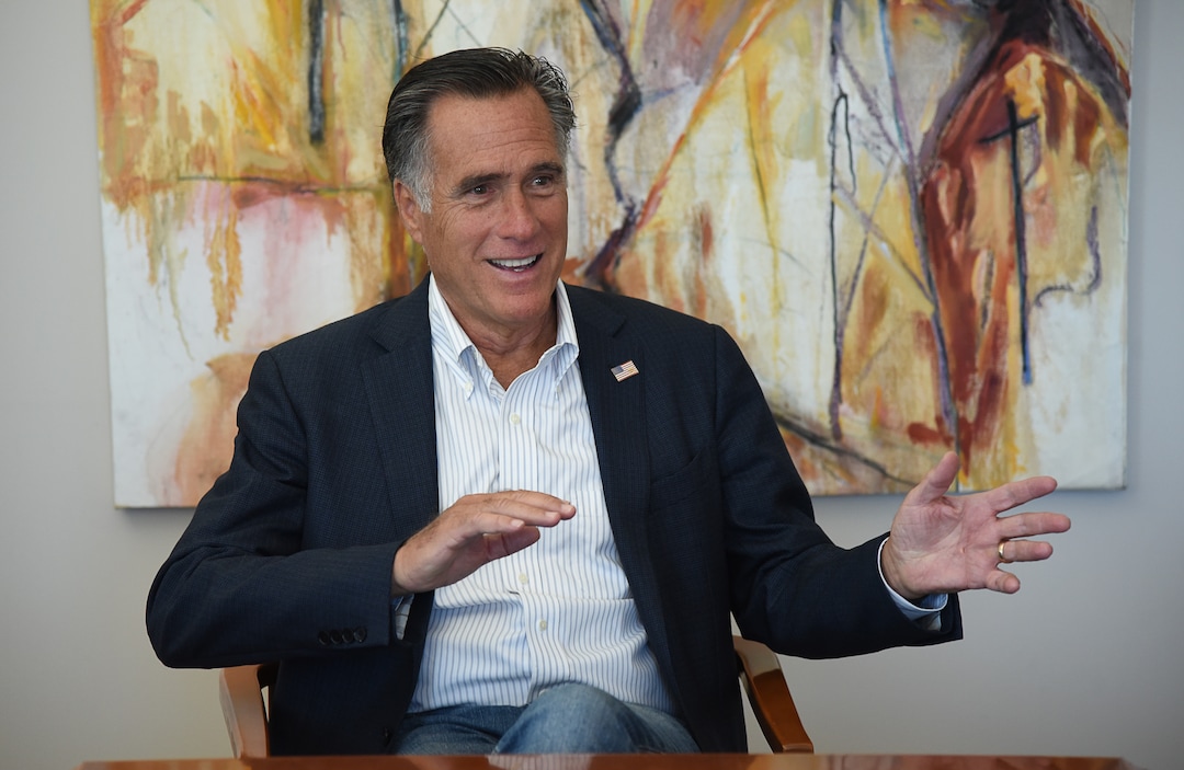 (Francisco Kjolseth | The Salt Lake Tribune) Sen. Mitt Romney speaks with the editorial board of The Salt Lake Tribune on Wed. Aug. 21, 2019.