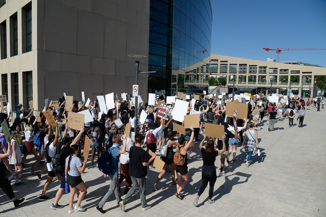(Francisco Kjolseth  |  The Salt Lake Tribune) Demonstrators protest against police brutality on Wednesday, June 3, 2020, in downtown Salt Lake City, as the initially set 8 p.m. weeklong curfew was removed.