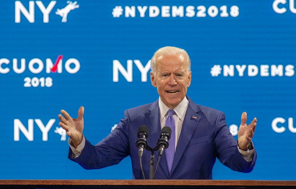 (Howard Schnapp | Newsday via AP) Former Vice President Joe Biden endorses New York Gov. Andrew Cuomo for re-election at opening day of the New York State Democratic Convention at Hofstra University in Hempstead, N.Y., Thursday, May 24, 2018. In a forceful rebuke to President Donald Trump and other Washington Republicans, Biden told fellow Democrats that the GOP has abandoned traditional American values in the name of "phony populism" and "fake nationalism."