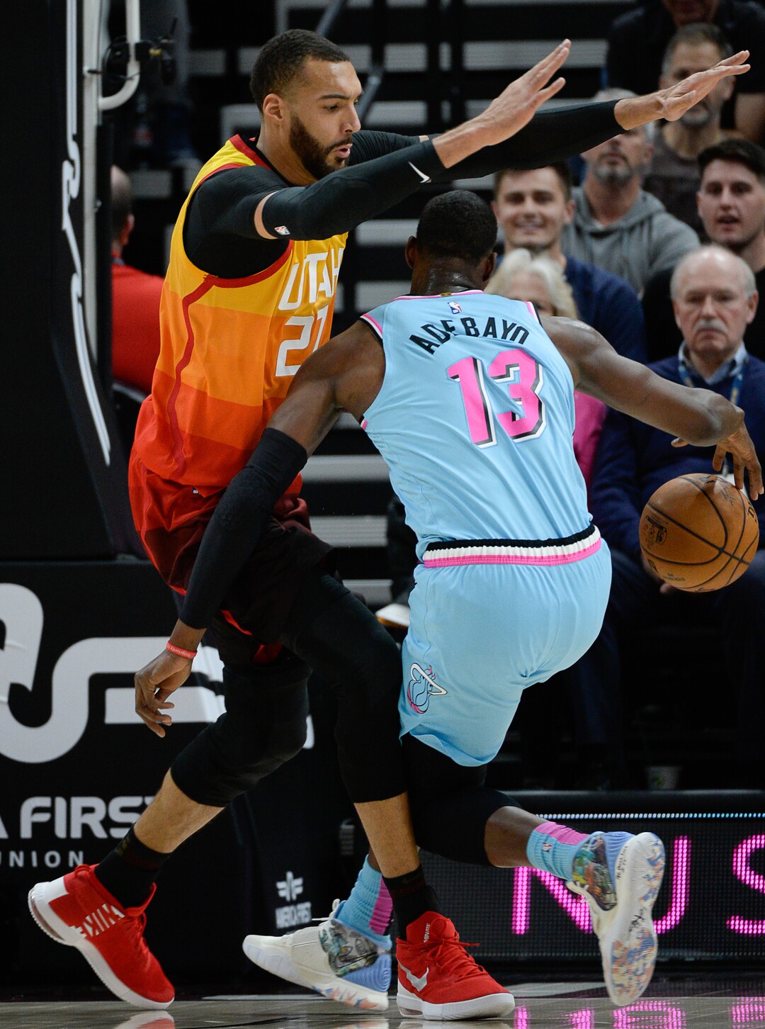 (Francisco Kjolseth  |  The Salt Lake Tribune) Utah Jazz center Rudy Gobert (27) pressures Miami Heat forward Bam Adebayo (13) as the Utah Jazz host the Miami Heat in their NBA basketball game at Vivint Smart Home Arena in Salt Lake City on Wednesday, Feb. 12, 2020.