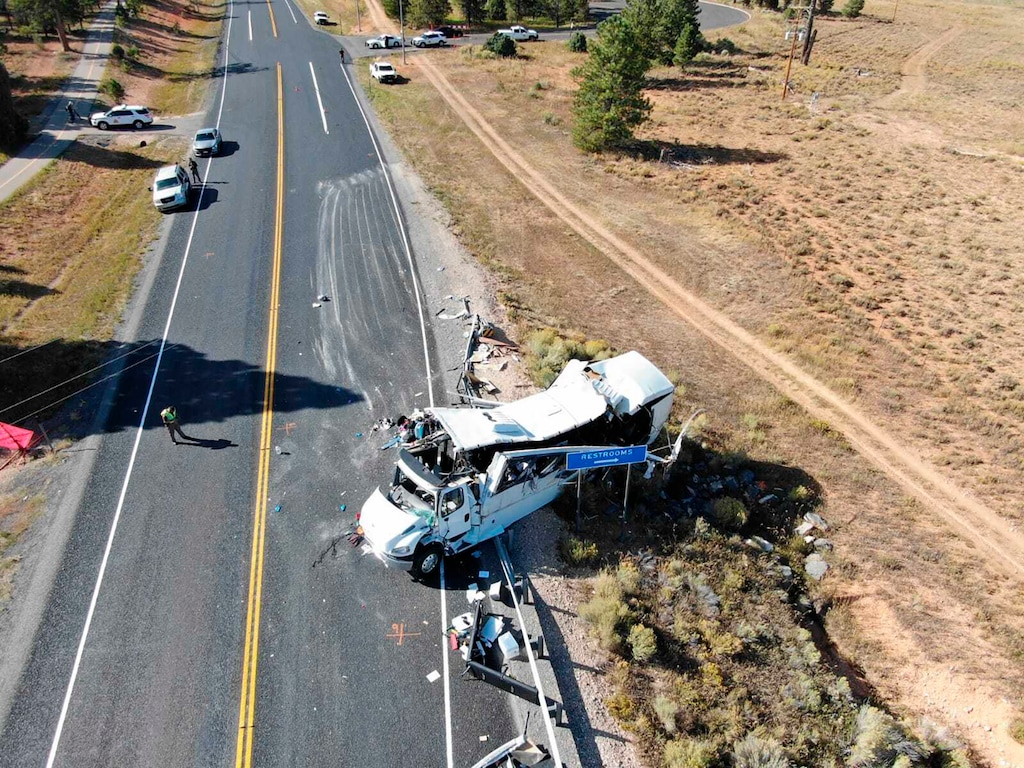 (Utah Highway Patrol via AP) A tour bus carrying Chinese-speaking tourists crashed near Bryce Canyon National Park in southern Utah, killing at least four people and critically injuring multiple others on Friday, Sept. 20, 2019.