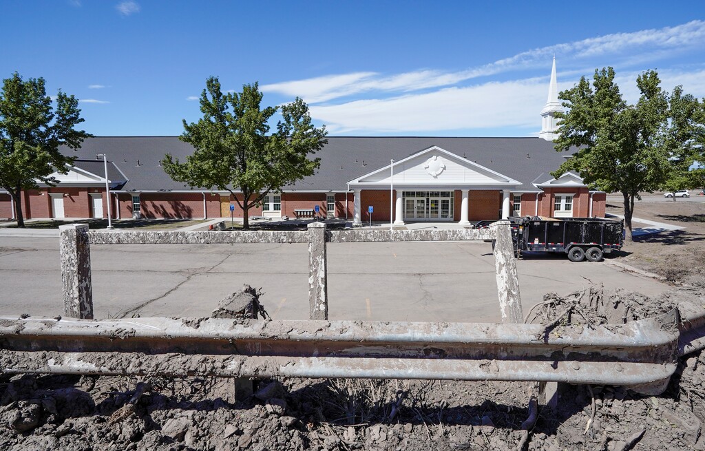 (Chris Samuels | The Salt Lake Tribune) Debris is seen at a meetinghouse of The Church of Jesus Christ of Latter-day Saints in Provo, Wednesday, Sept. 10, 2025, after a mudslide in August impacted the building. Another slide hit the area Monday.