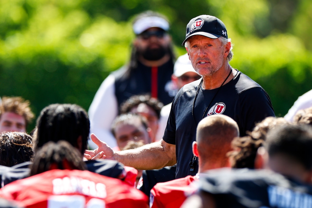 (Hunter Dyke | Utah Athletics) Utah head coach Kyle Whittingham speaks to his team during football practice in Salt Lake City on Wednesday, Aug. 03, 2022.