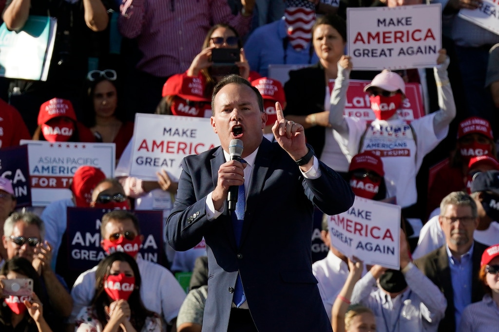 (Ross D. Franklin | AP file photo) Sen. Mike Lee, R-Utah, speaks at a campaign rally for President Donald Trump at Phoenix Goodyear Airport on Oct. 28, 2020. Lee continues to defend Trump's challenge of election results.