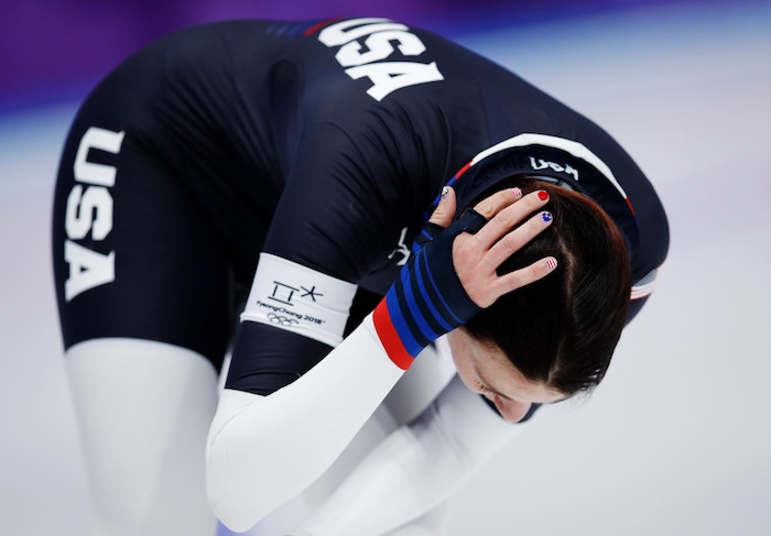 Heather Bergsma of the U.S. reacts after the women's 1,500 meters speedskating race at the Gangneung Oval at the 2018 Winter Olympics in Gangneung, South Korea, Monday, Feb. 12, 2018. (AP Photo/Vadim Ghirda)