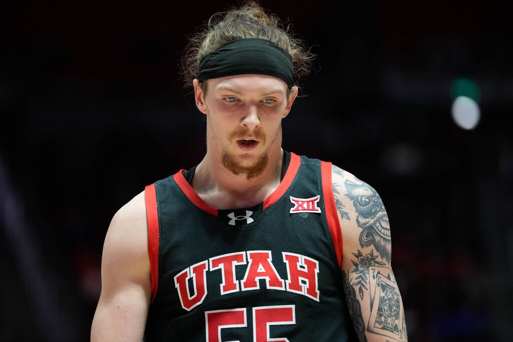 (Francisco Kjolseth  | The Salt Lake Tribune) Utah Utes guard Gabe Madsen (55) during an NCAA college basketball game, Saturday, Feb. 15, 2025, in Salt Lake City.