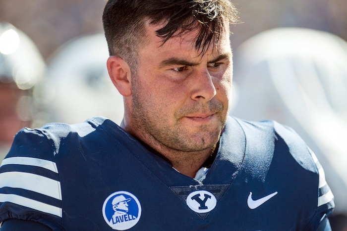 (Chris Detrick  |  The Salt Lake Tribune)  Brigham Young Cougars quarterback Tanner Mangum (12) during the game at LaVell Edwards Stadium Saturday, August 26, 2017.