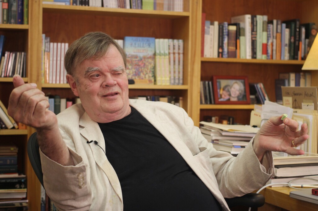 (Jeff Baenen | The Associated Press) In this July 26, 2017 file photo, Garrison Keillor, creator and former host of, "A Prairie Home Companion," talks at his St. Paul, Minn., office. Keillor said Wednesday, Nov. 29, he's been fired by Minnesota Public Radio over allegations of improper behavior.