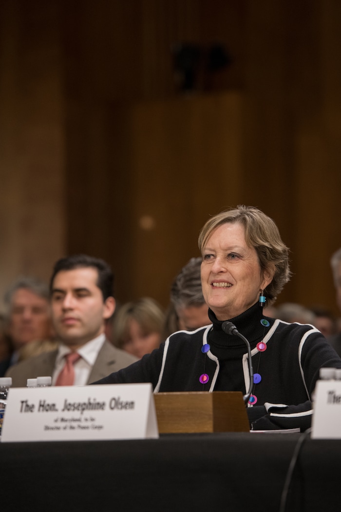 (Courtesy of the Peace Corps) Jody Olsen smiles during her Senate confirmation to be the 20th director of the Peace Corps on February 27, 2018.