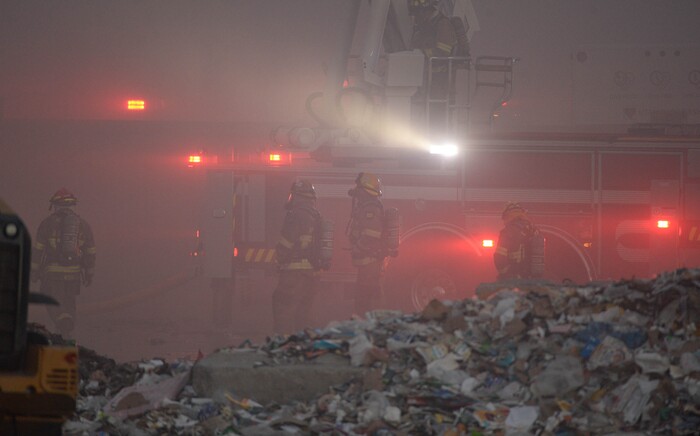 (Francisco Kjolseth  |  The Salt Lake Tribune) Fire crews respond to a fire at Rocky Mountain Recycling South Salt Lake on Saturday, July 11, 2020.