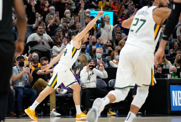 (Francisco Kjolseth | The Salt Lake Tribune) Utah Jazz forward Bojan Bogdanovic (44) celebrates a three point shot in NBA action between the Utah Jazz and the LA Clippers at Vivint Smart Home Arena in Salt Lake City, Wednesday, Dec. 15, 2021.