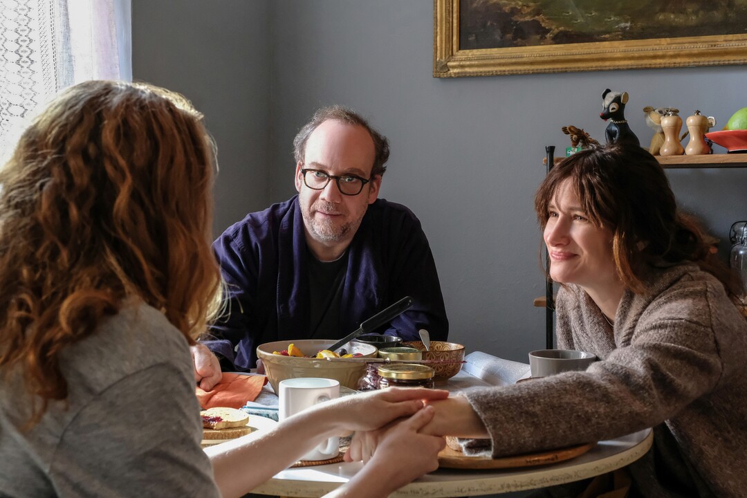 (Jojo Whilden  |  courtesy Sundance Institute) A married couple (Paul Giamatti, left, and Kathryn Hahn, center) welcome a dropout (Kayli Carter) into their lives, possibly to carry their baby, in writer-director Tamara Jenkins' "Private Life," which will screen in the Premieres program of the 2018 Sundance Film Festival.