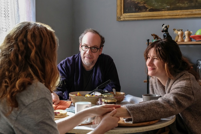 (Jojo Whilden  |  courtesy Sundance Institute) A married couple (Paul Giamatti, left, and Kathryn Hahn, center) welcome a dropout (Kayli Carter) into their lives, possibly to carry their baby, in writer-director Tamara Jenkins' "Private Life," which will screen in the Premieres program of the 2018 Sundance Film Festival.