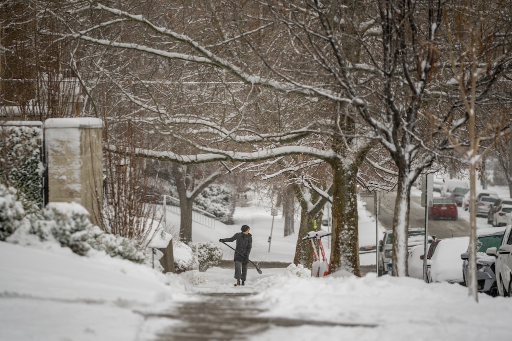 (Trent Nelson  |  The Salt Lake Tribune) Salt Lake City after the first “real” snowfall of the season on Wednesday, Feb. 18, 2026.