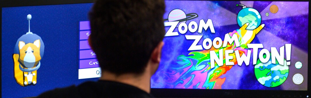 (Steve Griffin  |  The Salt Lake Tribune) Robert Bare, a student in the University of Utah's Entertainment Arts & Engineering department (EAE), runs through the demonstration of his game Zoom Zoom Newton during the department's  two-day event celebrating its 10th anniversary at the University of Utah in Salt Lake City Monday April 30, 2018. Tuesday is EAE Launch Day, where  students show off their game designs and finished games.