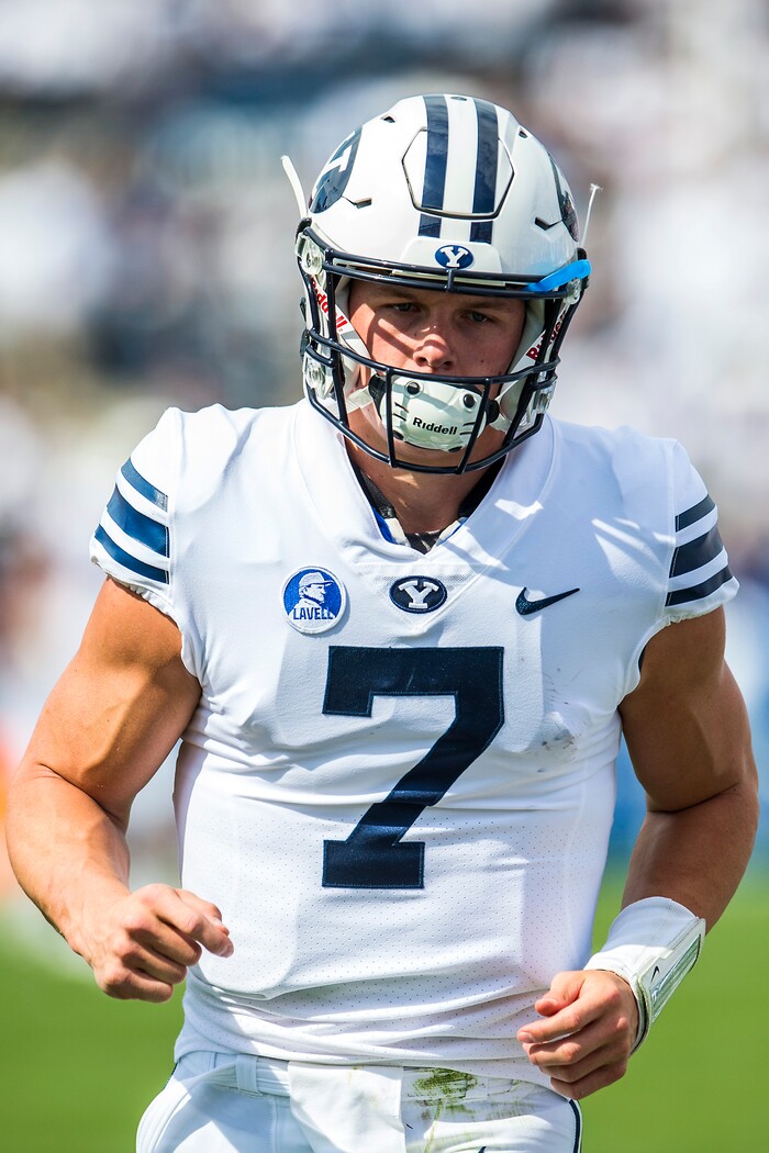 (Chris Detrick  |  The Salt Lake Tribune)   Brigham Young Cougars quarterback Beau Hoge (7) runs off of the field during the game at LaVell Edwards Stadium Saturday Saturday, September 16, 2017. Wisconsin Badgers are leading Brigham Young Cougars 24-6 at halftime.